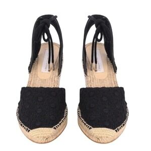 Stella McCartney Eyelet Black Floral Lace Ankle Tie Espadrille Wedge Sandals 40